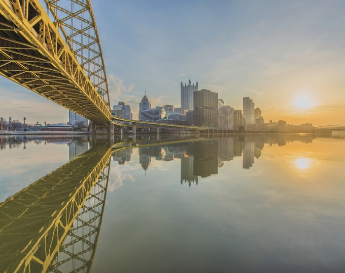 Sunrise below the Ft. Pitt Bridge in Pittsburgh along the Monongahela River - Metal Print