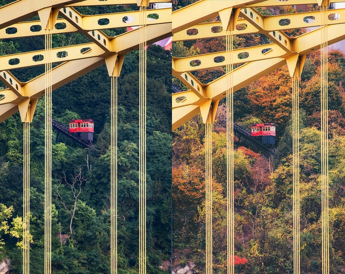 Framed by the Ft. Pitt Bridge - Seasons of the Duquesne Incline in Pittsburgh - Various Prints