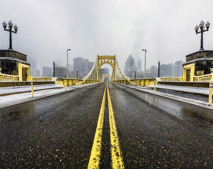 The snow covered Clemente Bridge in Pittsburgh - Various Prints