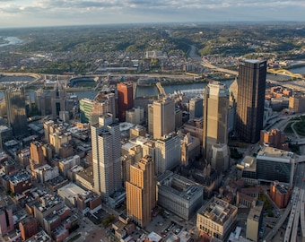 Aerial view of Pittsburgh downtown and the redevelopment of the 28