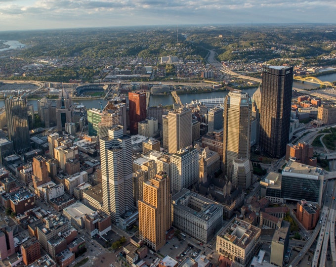 Aerial view over the top of downtown Pittsburgh - Vivid Metal Print