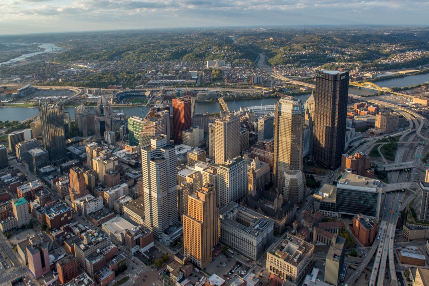 Aerial view over the top of downtown Pittsburgh - Vivid Metal Print