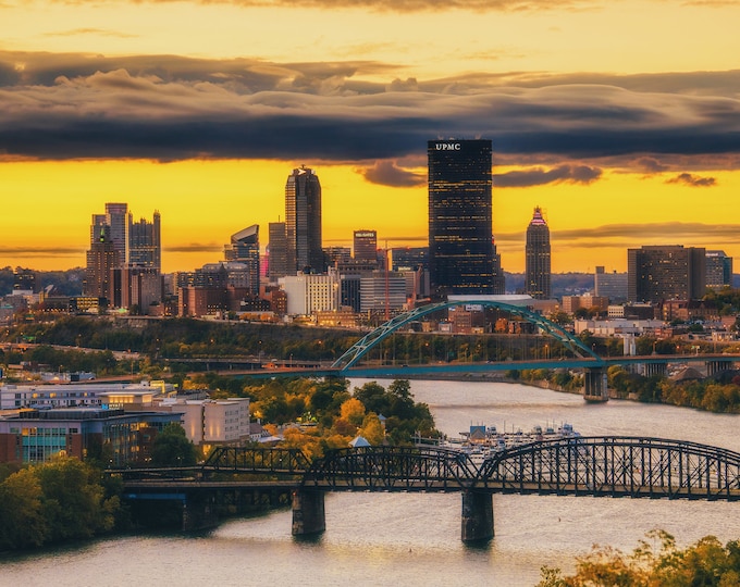 A black and gold sunset - Pittsburgh skyline - Various Prints