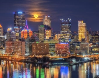 The (almost) full moon rises behind Pittsburgh - Pittsburgh Prints