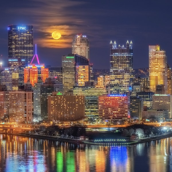 The (almost) full moon rises behind Pittsburgh - Pittsburgh Prints