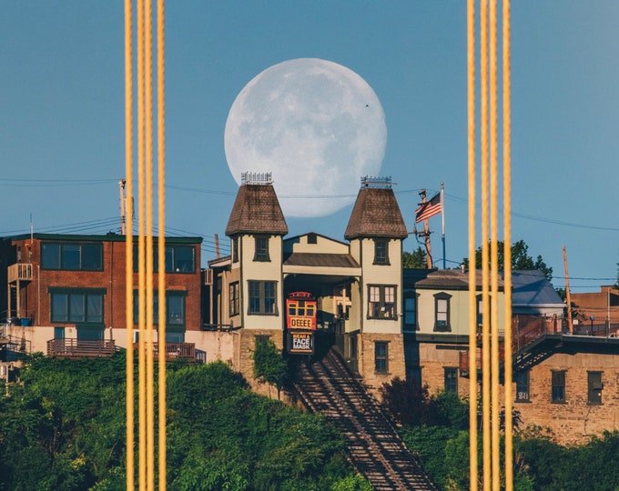 The Ft. Duquesne Bridge frames the full moon over the Duquesne Incline - Various Prints