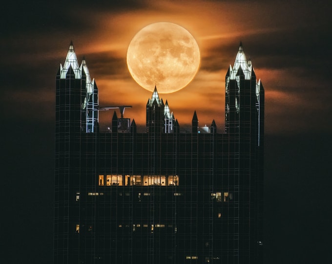 Moon in the spires - Pittsburgh skyline - Various Prints