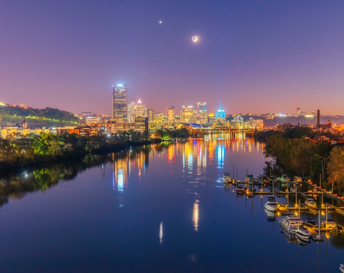 The crescent moon and Venus over Pittsburgh - Pittsburgh skyline - Various Prints