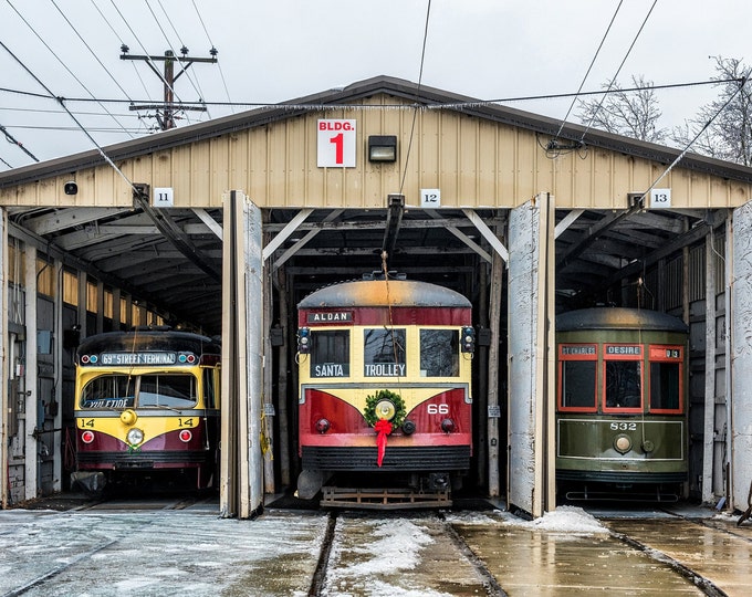 Trolleys in holiday decor at the Pennsylvania Trolley Museum - Various Prints