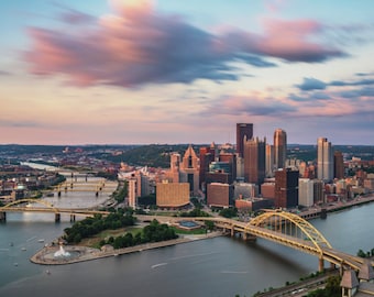 Colorful clouds over Pittsburgh at dusk - Pittsburgh Prints - Various Prints