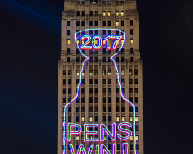 The Gulf Tower celebrates the Pittsburgh Penguins winning the 2017 Stanley Cup - Various Prints