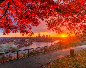 Fire in the sky at dawn - Pittsburgh skyline - Various Prints