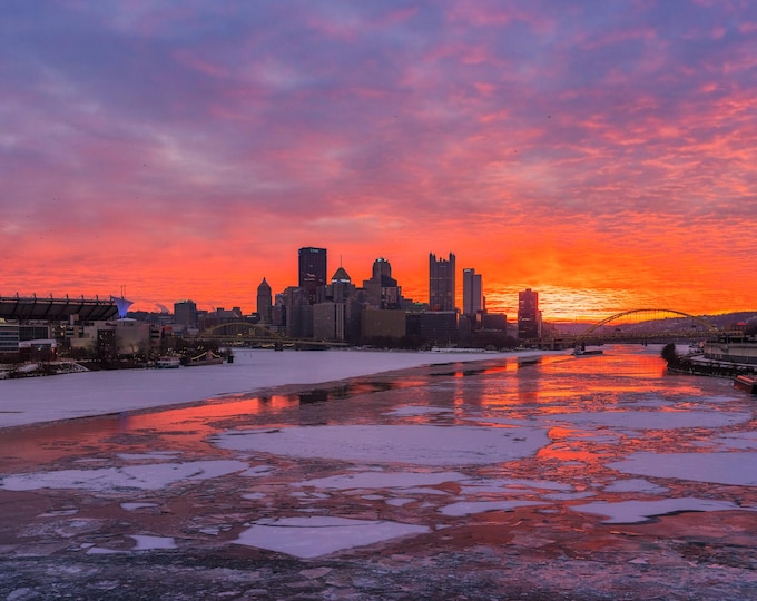 Reflections in the ice - Pittsburgh skyline - Various Prints