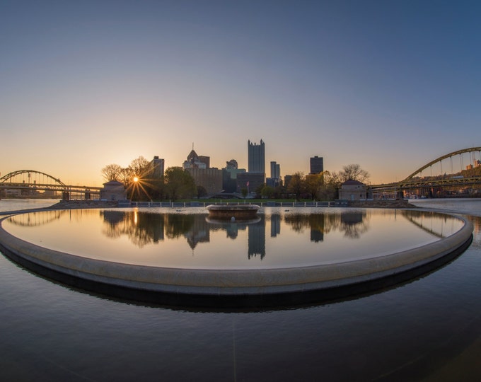 Pittsburgh reflects in the fountain at Point State Park at dawn - Various Prints