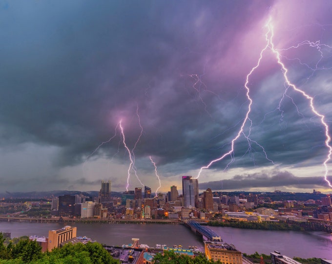 Lighting Strikes the Steel City - Pittsburgh skyline - Various Prints