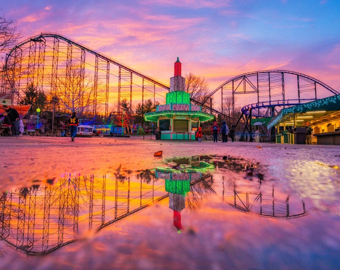 An amazing sunset reflects in a puddle at Kennywood Park - Pittsburgh Prints - Various Prints