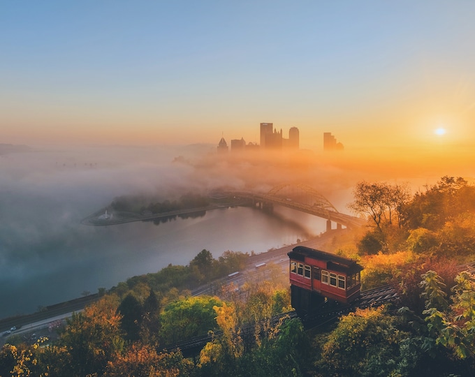 The sun rises above the fog - The Duquesne Incline at dawn - Various Prints