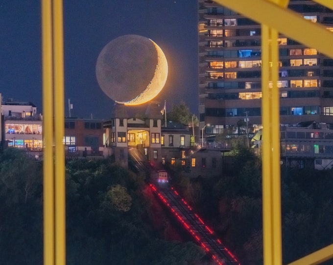 Framing the Crescent - The moon over the Duquesne Incline - Pittsburgh skyline - Various Prints