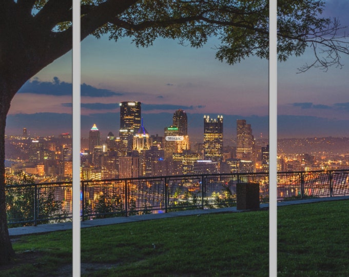 A tree frames Pittsburgh from the West End Overlook during a vibrant morning - Pittsburgh Triptych - Various formats