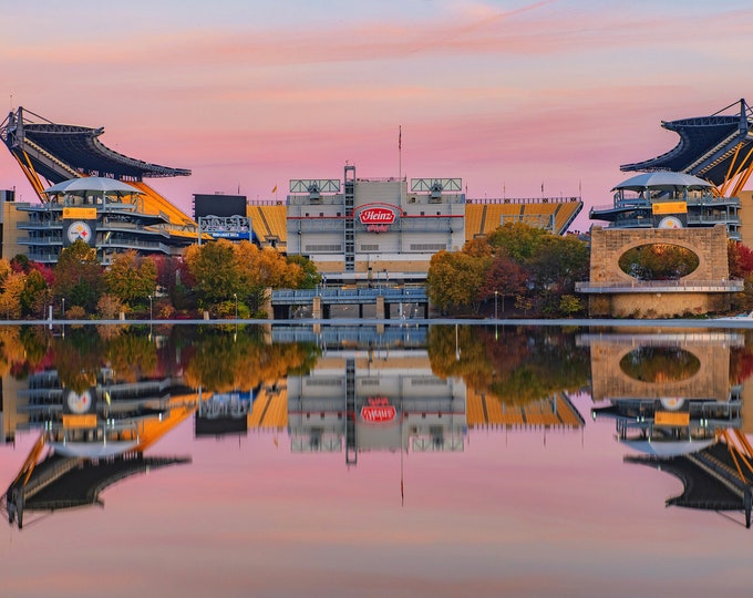 Reflections of Heinz Field in the fountain in Pittsburgh - Sunrise - Various Prints