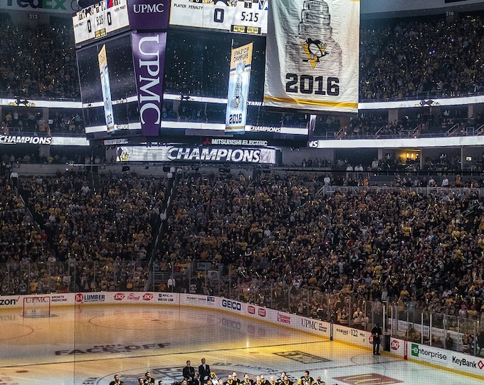 The Pittsburgh Penguins raise their 2016 Stanley Cup Banner inside PPG Paints Arena - Various Prints