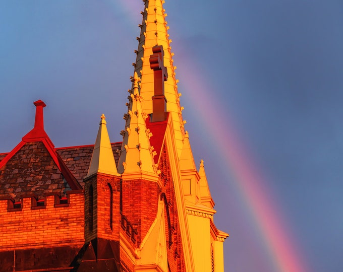 A rainbow over St. Mary of the Mount - Pittsburgh skyline - Various Prints