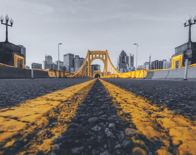 Black and Gold on the Clemente Bridge - Pittsburgh skyline - Various Prints
