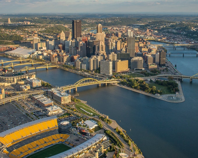 An aerial view of Heinz Field and the Pittsburgh skyline - Pittsburgh skyline - Various Prints