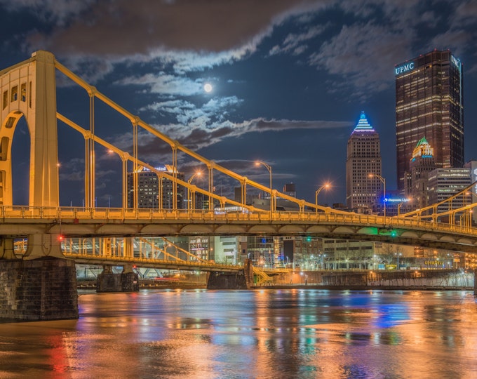 A full moon shines above the Andy Warhol Bridge in Pittsburgh - Various Prints