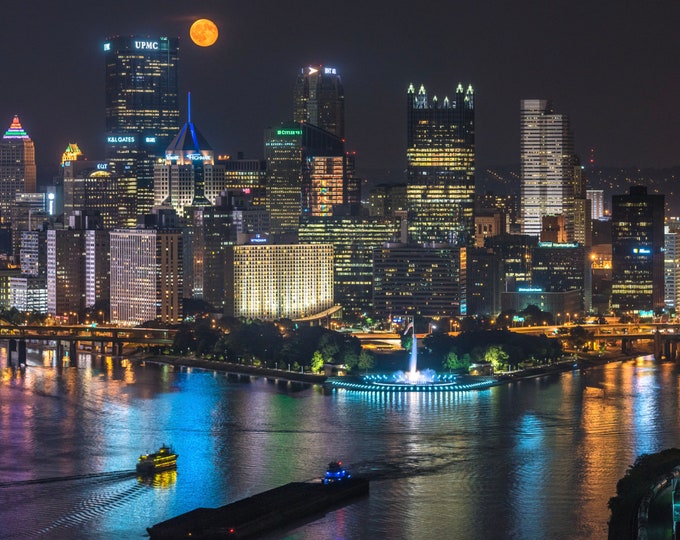 A full moon rises behind Pittsburgh from the West End Overlook - Various Prints