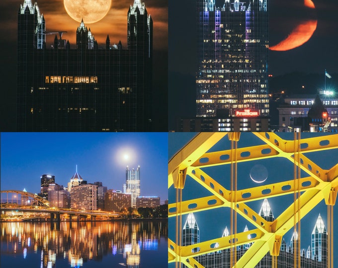 The Moon over the Spires - Moon and PPG Place - Pittsburgh Coaster Set