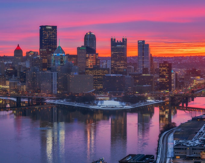 Vibrant sunrise from the West End - Pittsburgh skyline - Various Prints
