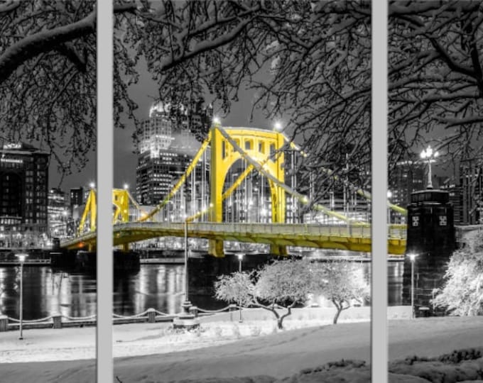 Trees frame the snow covered Clemente Bridge in Pittsburgh - Pittsburgh Triptych - Various formats