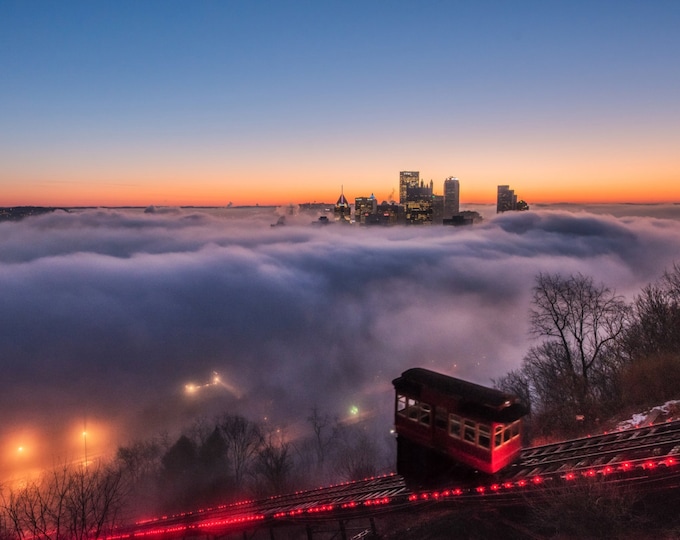 Incline on Mt. Washington over a fog covered Pittsburgh - Metal Print