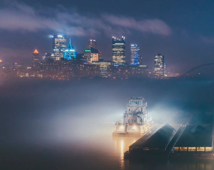 A boat in the fog - Pittsburgh skyline - Various Prints