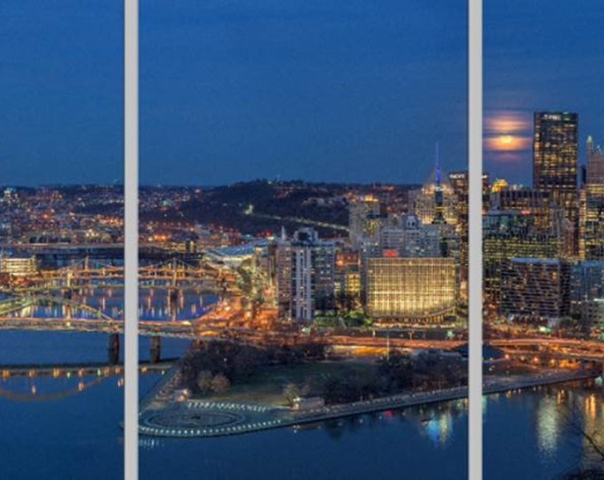 Panorama of the full moon rise over Pittsburgh - Pittsburgh Triptych - Various formats