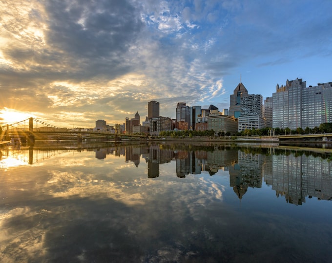 A beautiful sunrise reflects in the Allegheny River in Pittsburgh - Various Prints