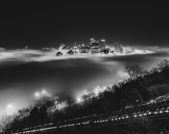 The fog in Pittsburgh from Mt. Washington in black and white - Various Prints
