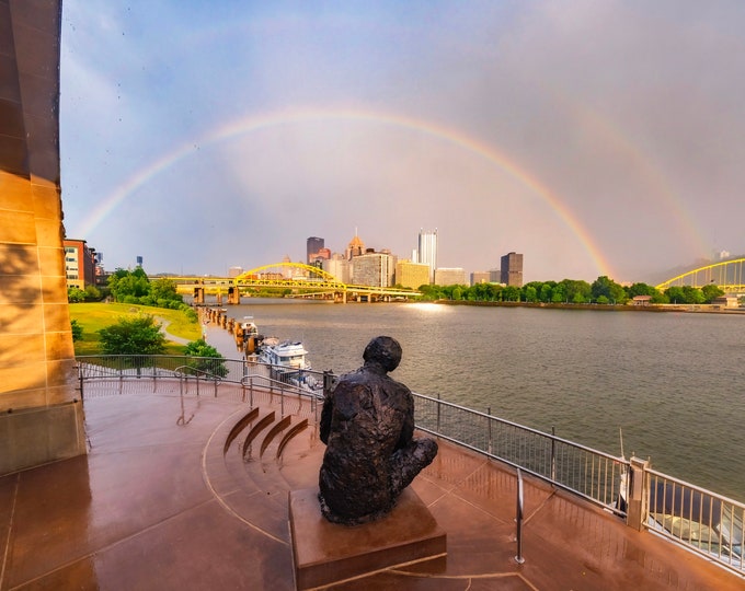 A double rainbow over the Mr. Rogers statue and Pittsburgh skyline - Pittsburgh skyline - Various Prints