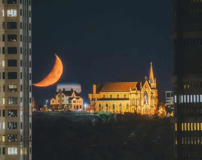 Moon over St. Mary's of the Mount - Pittsburgh skyline - Various Prints