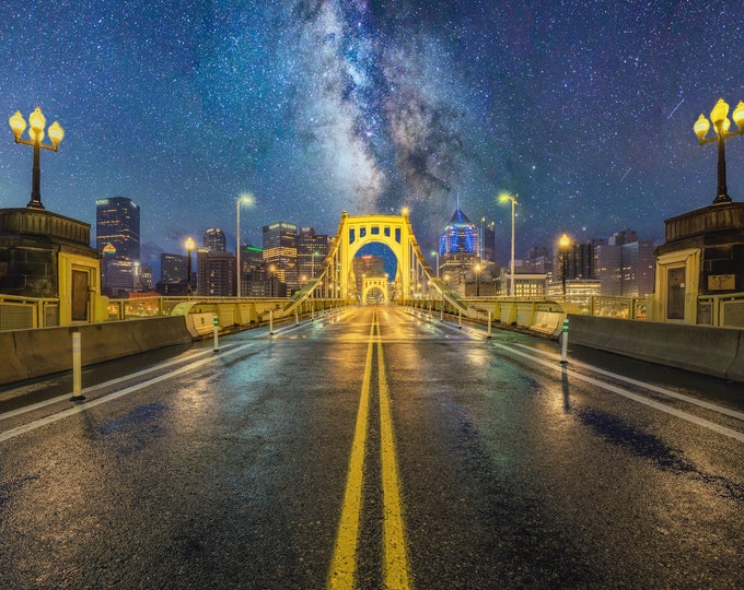 A composite of the Milky Way over the Clemente Bridge - Pittsburgh skyline - Various Prints