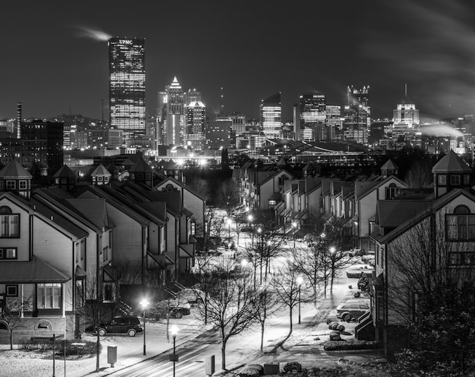 A black and white view of Washington's Landing in Pittsburgh in the snow - Various Prints