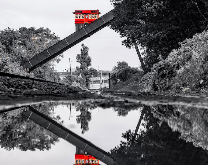 Reflections of the Duquesne Incline in black, white and red - Pittsburgh skyline - Various Prints