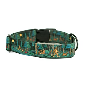 May include: A green dog collar featuring a forest scene. The design includes trees, a campfire, and a Bigfoot character walking a dog. The collar has a black plastic buckle and a metal D-ring.