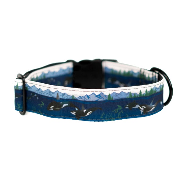 Orca Island Dog Collar (Martingale, Buckle, or Slip) - Handmade Canvas Fabric Dog Collar, Navy Dog Collar, Marine Life, Large Dog Collar