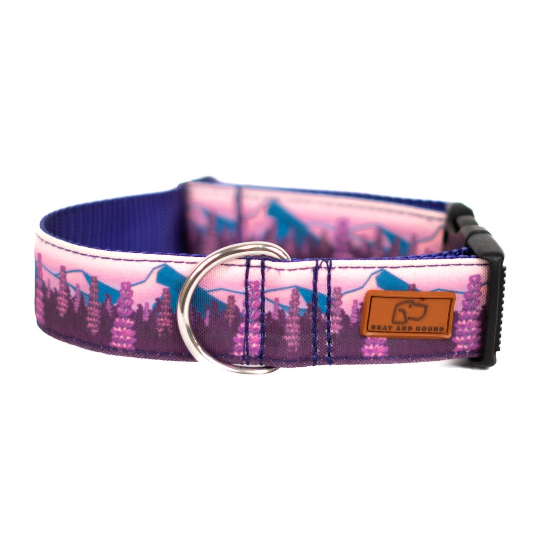 Purple Lupine Flower Dog Collar martingale, Buckle, or Slip Handmade Canvas Fabric Dog Collar