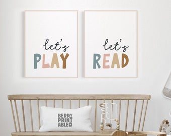 Playroom printable wall art, Kid Room Decor, Let's Play poster, Let's Read, Playroom neutral sign, Homeschool Decor, Classroom poster, P72N