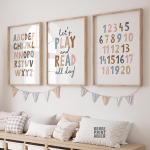 Neutrales Spielzimmer 3er-Set, Let's Play All Day Printable, Alphabet Poster, Kinderspielzimmer Wandkunst, Homeschool Schild, Montessori Klassenzimmer P72N