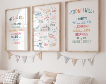 May include: Three framed prints with colorful text on a white background. The prints feature positive affirmations for children. The first print says "It's ok to... make mistakes, ask for help, not know the answer, ask questions, have a bad day, try again, be yourself". The second print says "I always... am my best, am smart, am capable, believe in myself, do affirmations daily, am unique, don't give up, I matter in this world, I am kind and helpful, I am loved, I choose to be happy". The third print says "Today I will... be positive, smile and laugh more, say kind words, learn and grow, help others, try my best, believe in myself".