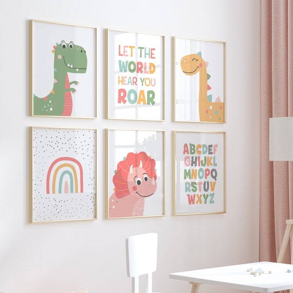 Dinosaur printable set of 6, T-Rex poster, Girl printable wall art, Little girl room decor, Baby dinosaur Theme Nursery, Playroom sign